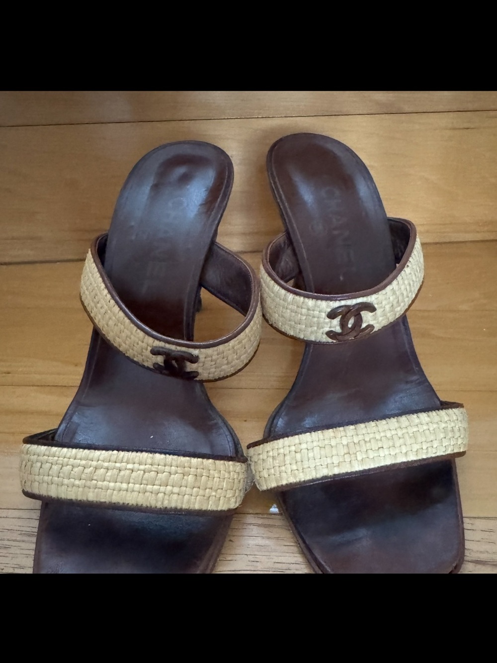 CHANEL Brown Leather and Straw Double-Strap Slide Sandals